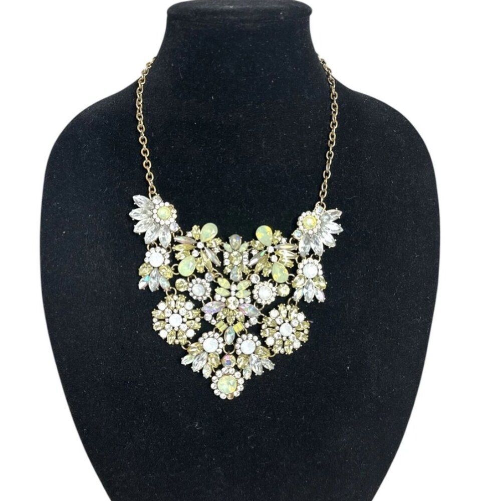 Floral Statement Bib Necklace Gold Tone Rhinestone Crystal Cluster Unbranded